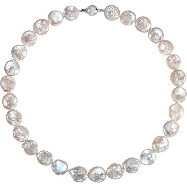 Sterling Silver 13-14 mm Cultured White Freshwater Pearl Coin 18" Necklace