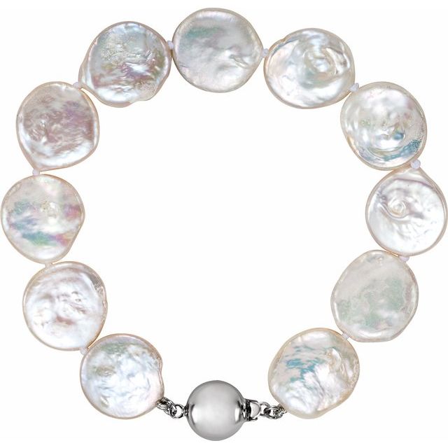 Sterling Silver 13-14 mm Cultured White Freshwater Pearl Coin 18" Necklace
