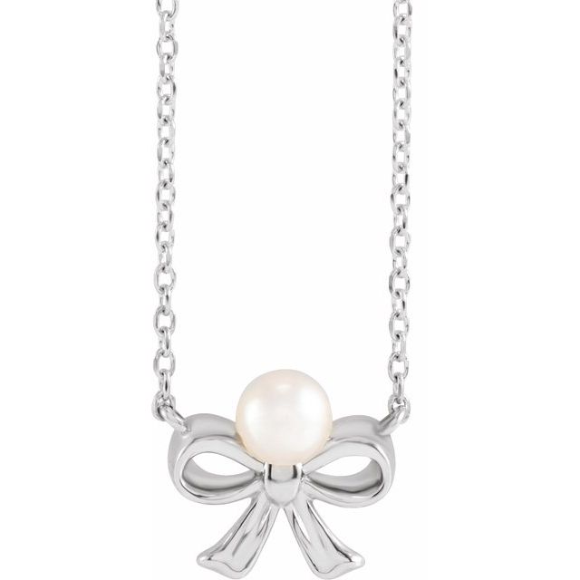 Sterling Silver Cultured White Akoya Pearl Bow 18" Necklace