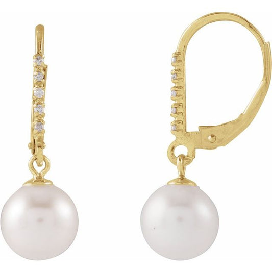 Oceana Glow - 14K Cultured White Freshwater Pearl & Natural Diamond Lever Back Earrings