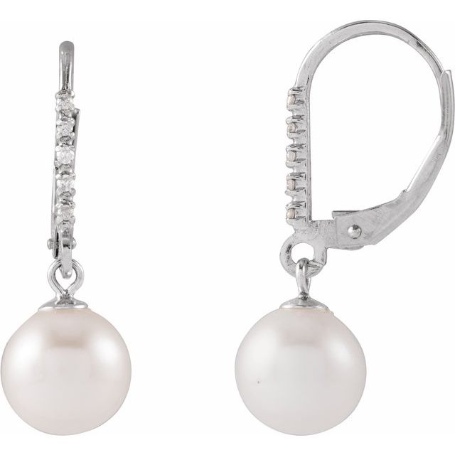 Oceana Glow - 14K Cultured White Freshwater Pearl & Natural Diamond Lever Back Earrings