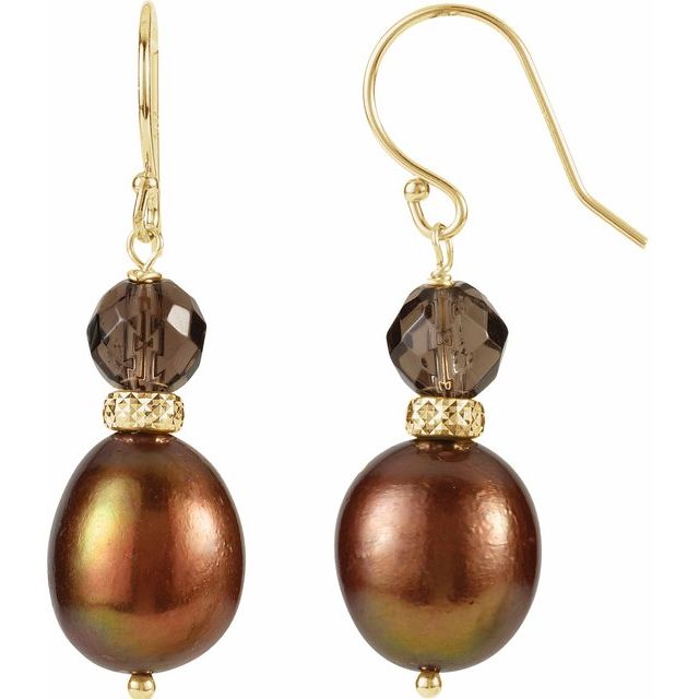 Golden Harmony – 14K Yellow Gold Chocolate Freshwater Pearl & Smoky Quartz Earrings