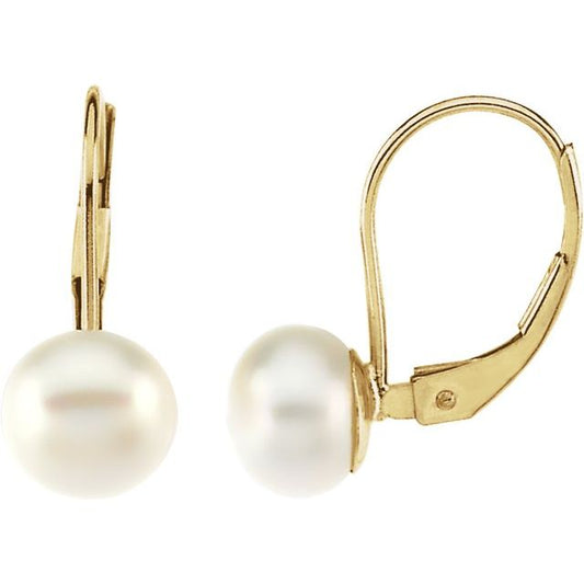 14K Yellow Cultured White Freshwater Pearl Lever Back Earrings