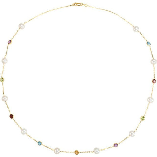 14K Yellow Cultured White Freshwater Pearl & Multi-Gemstone 10-Station 18" Necklace