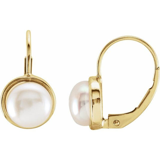 14K Yellow Cultured White Freshwater Pearl Lever Back Earrings