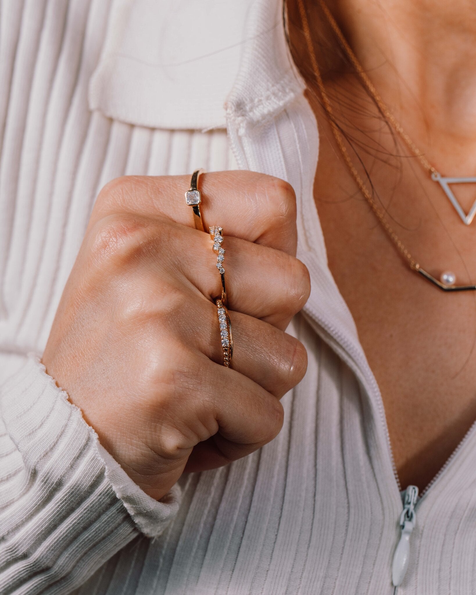 Stackable Rope Ring styled in a gold ring stack on hand